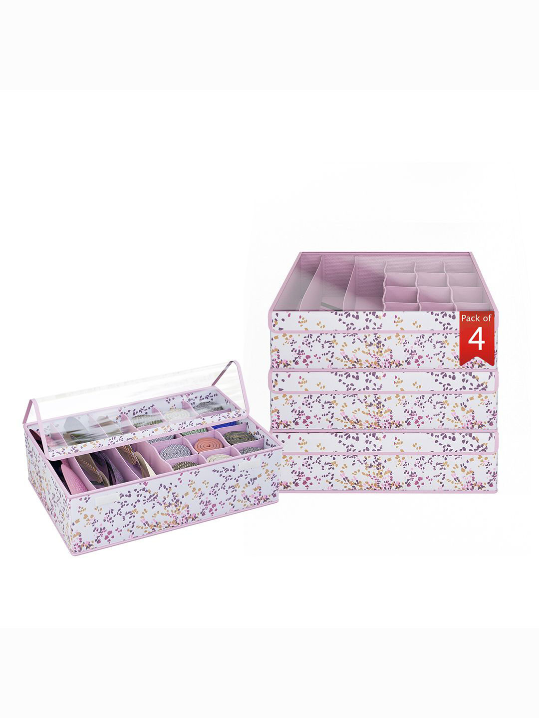 Kuber Industries White Pack of 4 Printed Foldable Socks Organizer With Transparent Lid