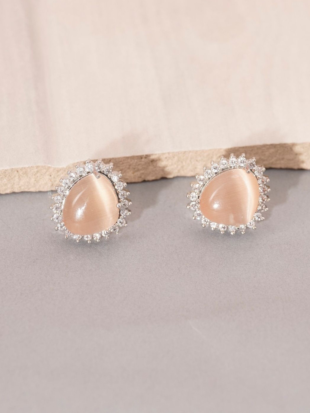 Niscka Rhodium-Plated American Diamond Studded Contemporary Shaped Studes