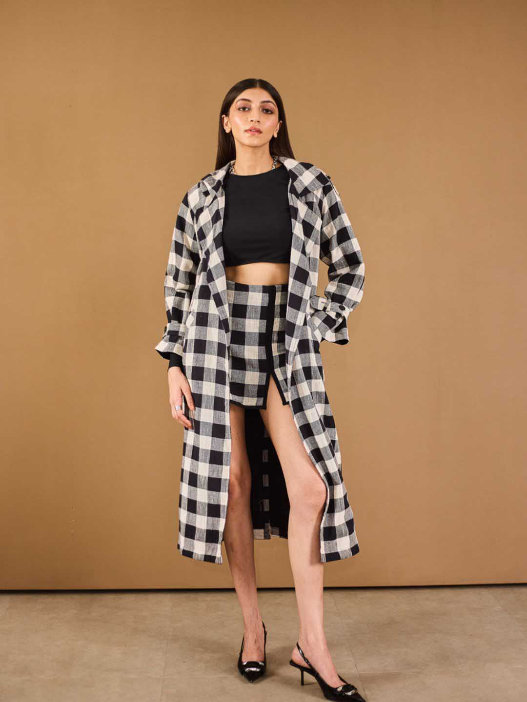 Urban Suburban Checkered Trench Coat With Embroidery Detail