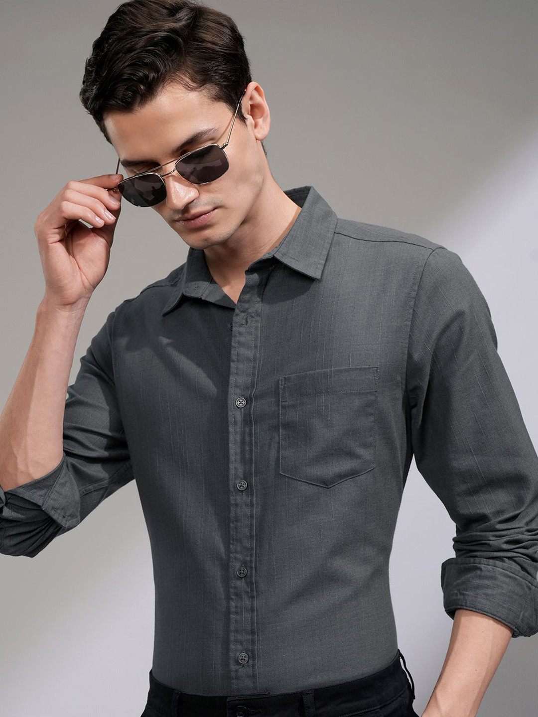 HIGHLANDER Men Fancy Yarn Textured Striped Casual Slim Fit Shirt