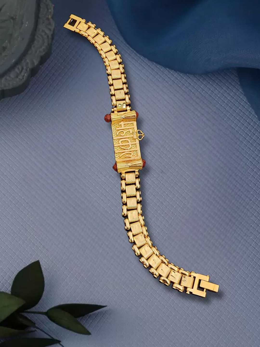 SOLIBELLE Men Gold-Plated Solibelle Divine Rudraksh Link Bracelet