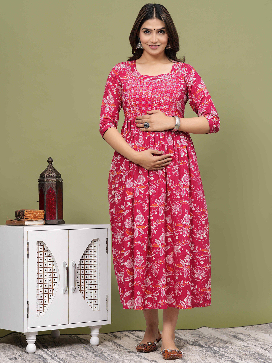 UrbanRang Floral Print Maternity Cotton Fit & Flare Midi Dress