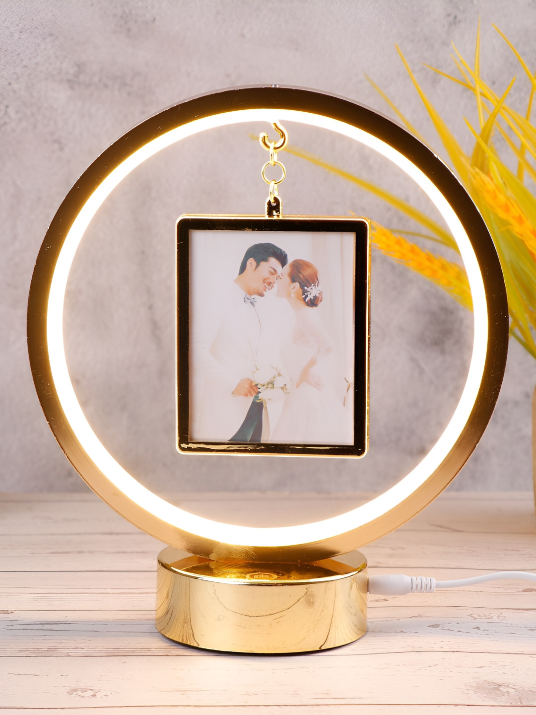 Archies Gold-Toned & White Swinging Golden Square LED Table Photo Frame