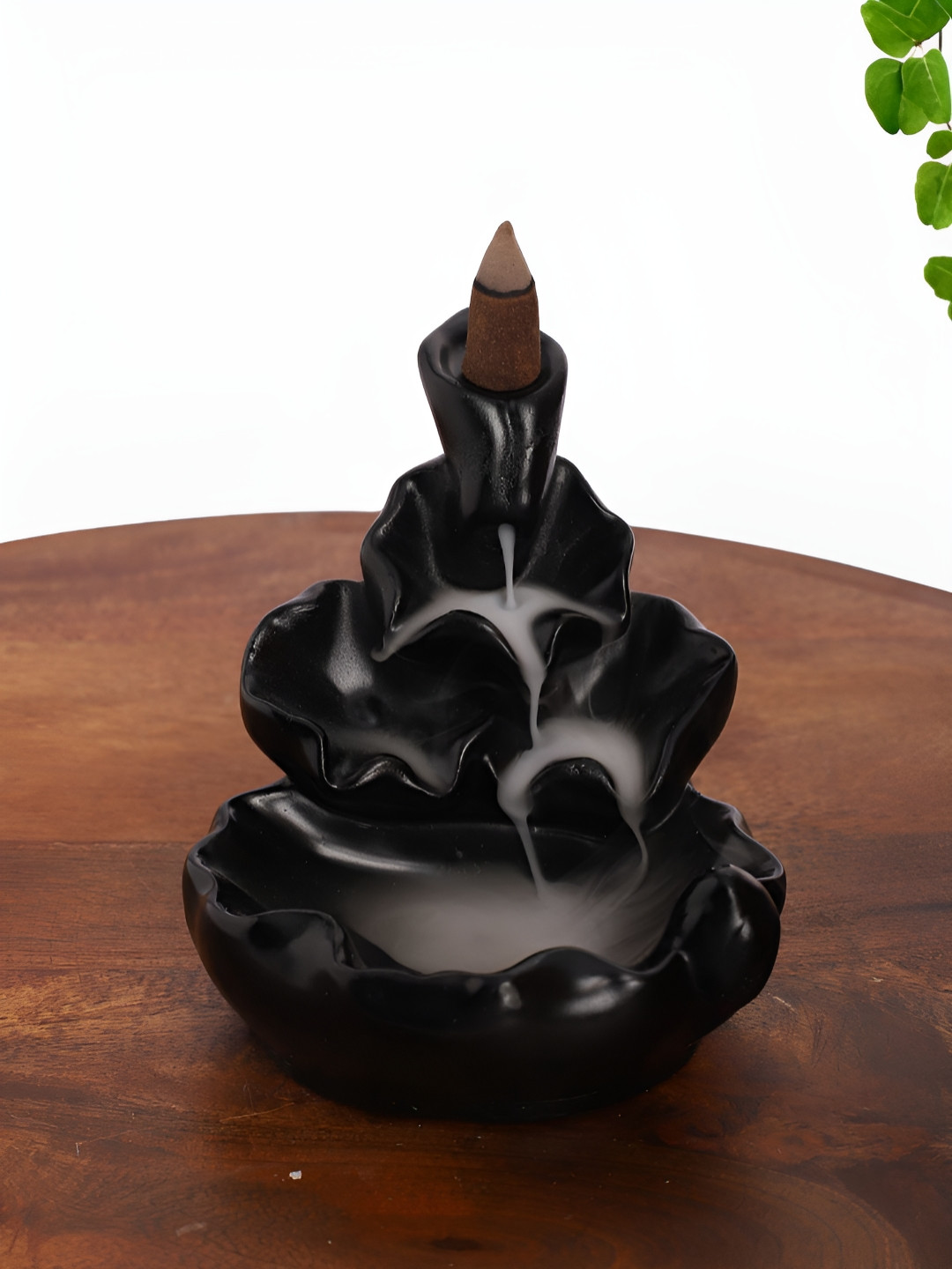 INTERNATIONAL GIFT Lotus Design Back Flow Smoke Fountain Black Polyresin Matte Prayer Room Fountain Small Showpiece - 4 Inches