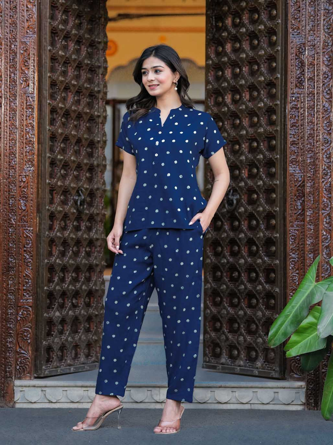 NNAVDHA Polka Dot Printed Top With Trousers Co-ords