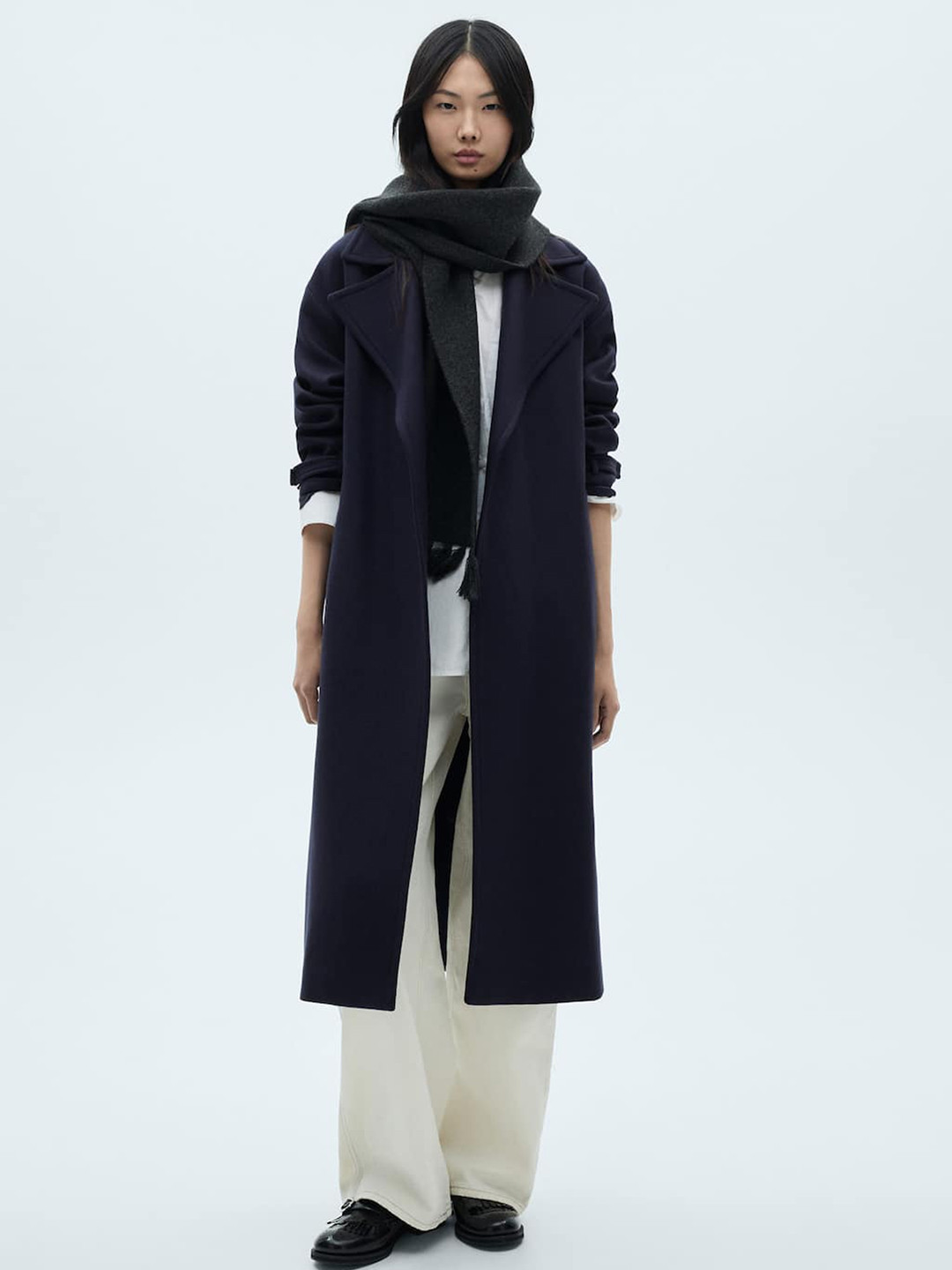 MANGO Notched Lapel Collar Oversized Front-Open Longline Overcoat with Belt