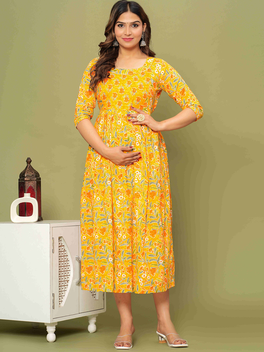 mad fury Women Floral Printed Cotton Maternity Gown Dress