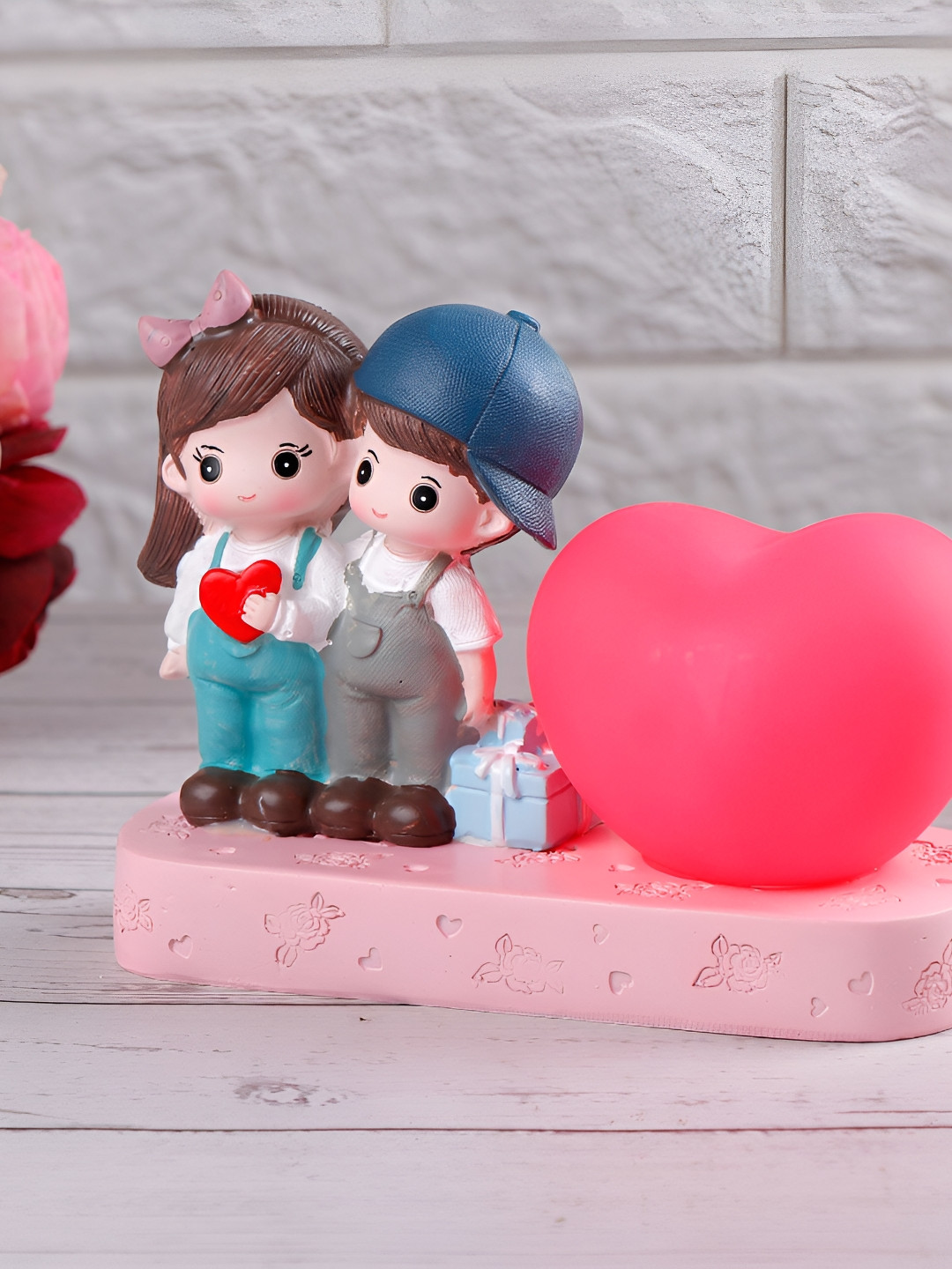 Archies Romantic Heart Couple Pink Polyresin Matte Living Room Small Showpiece - 5.5 Inches