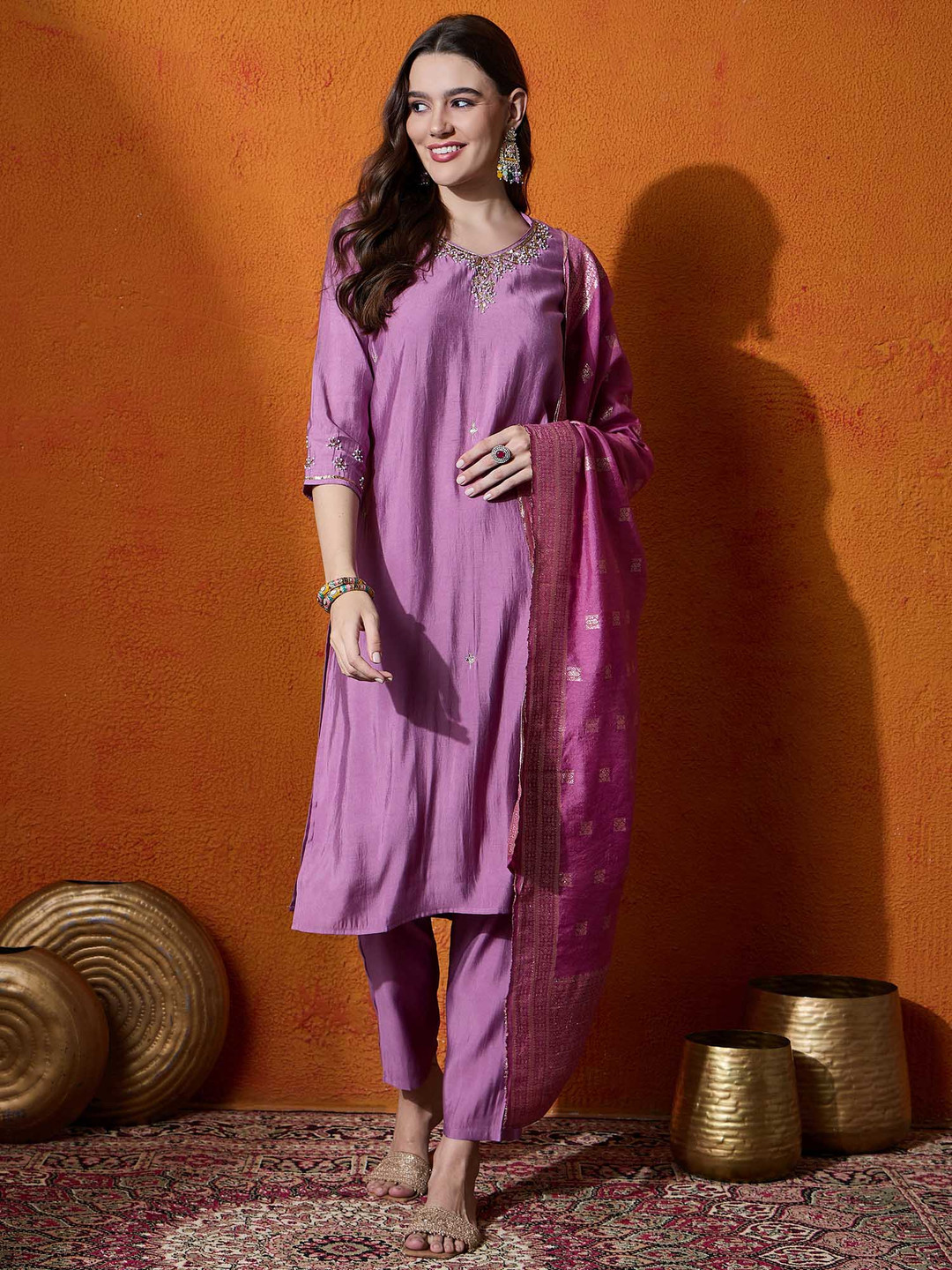 Sangria Purple Embroidered V-Neck Straight Kurta With Trousers And Dupatta