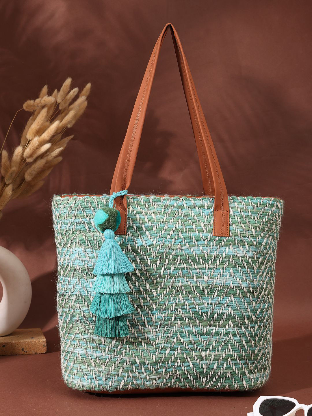 Anekaant Chevron Self Design Tasselled Structured Cotton Acrylic Tote Bag