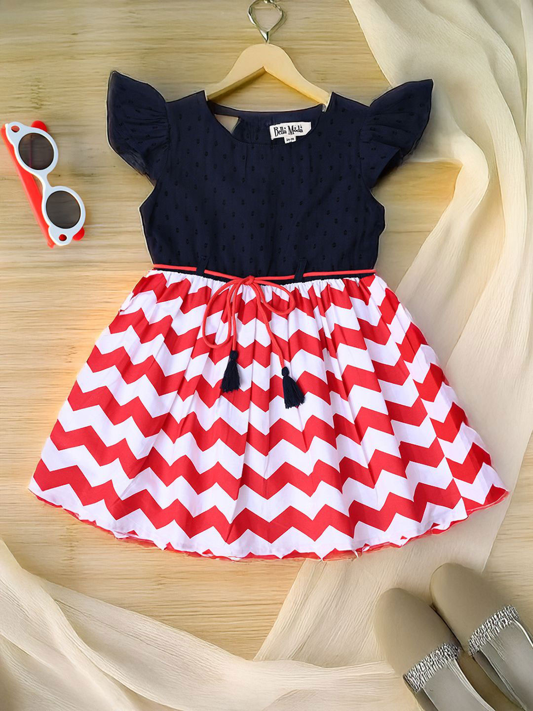 Bella Moda Girls Printed Schiffli Worked Cotton Fit & Flare Dress