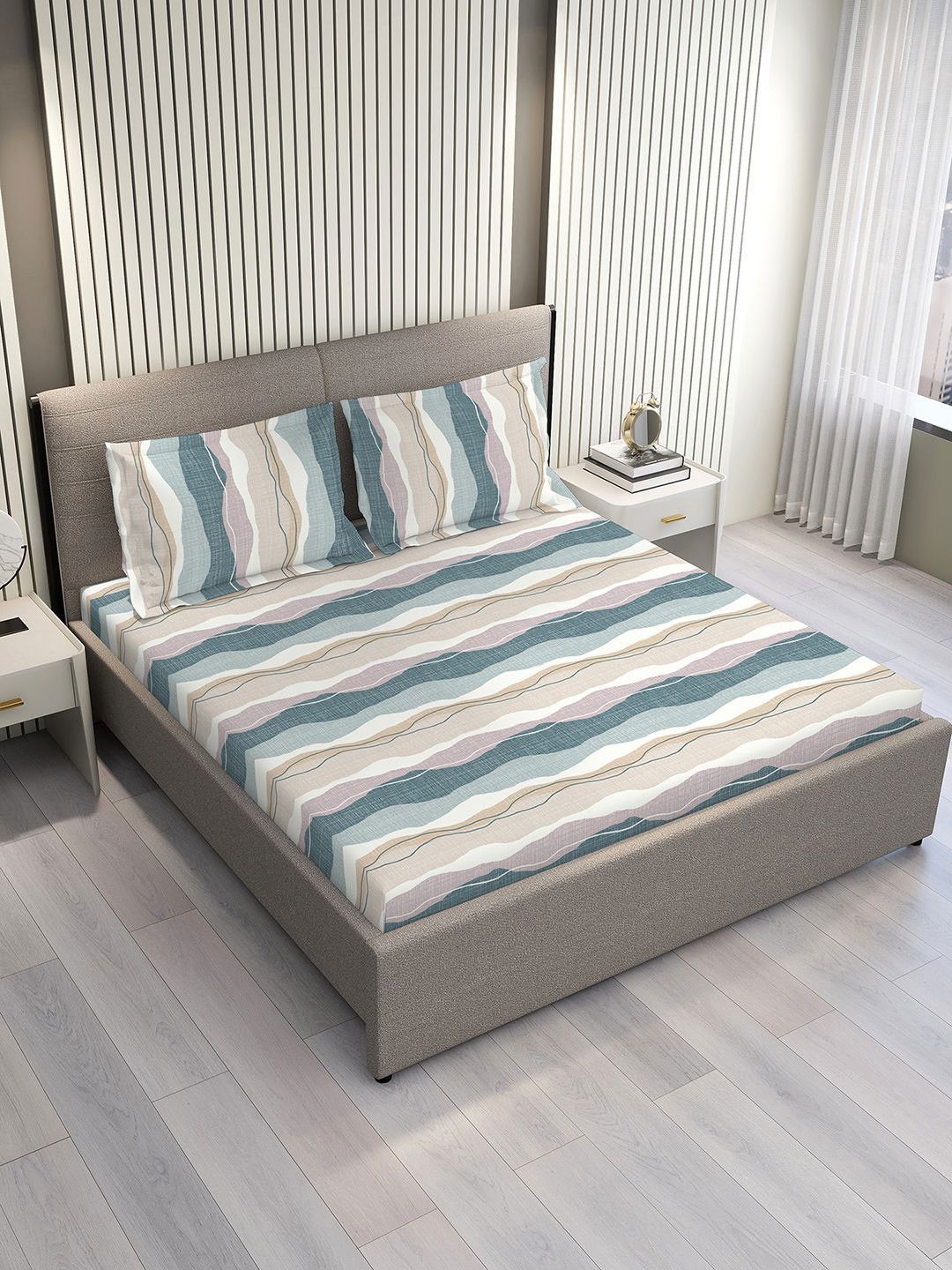 Layers Firenze Floret Beige & Pink Striped Cotton 144 TC King Bedsheet Set-2.74 m x 2.74 m