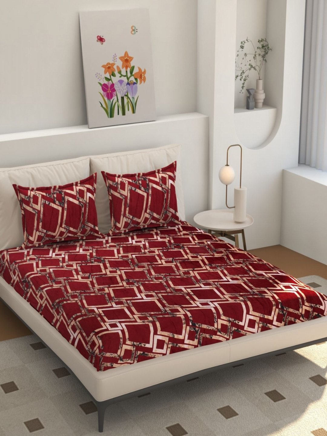 hargunz PInk And Beige Geometric Printed 350 TC Queen Bedsheet Set 1.9812m x 1.8288m