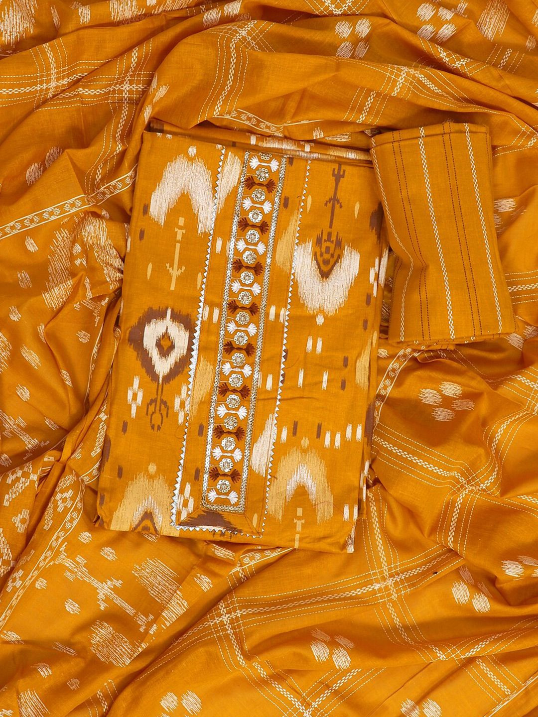 Jensuits Ethnic Motifs Ikat Printed Gotta Patti Unstitched Dress Material