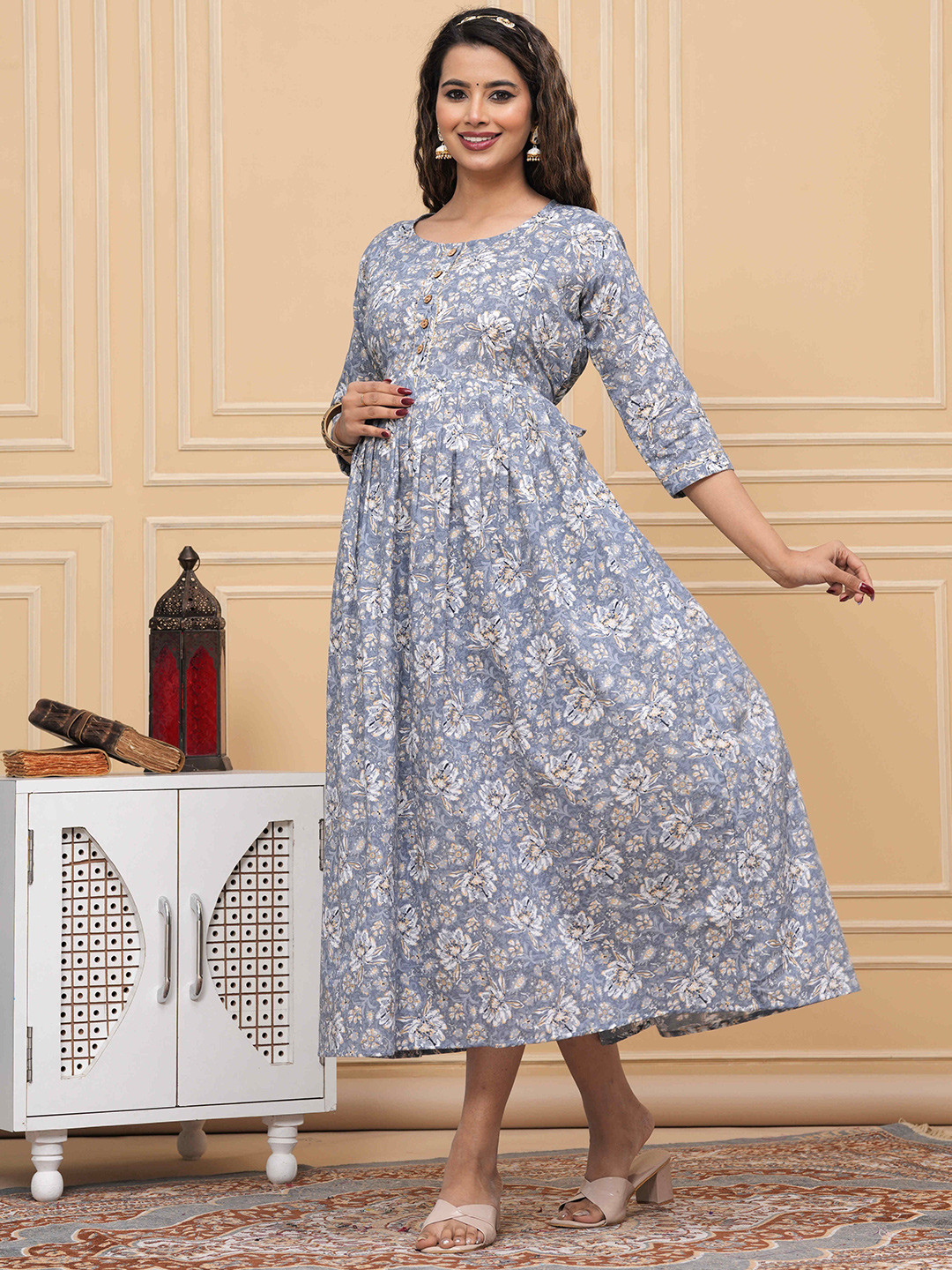 mad fury Women Floral Printed Cotton Maternity A-Line Midi Dress