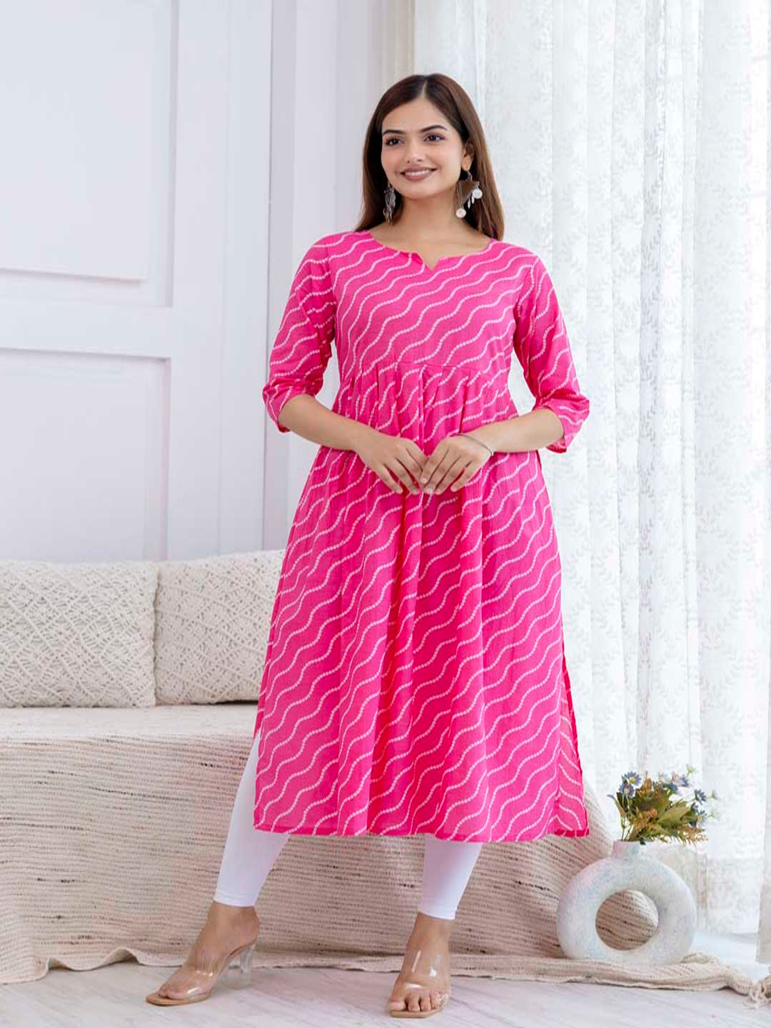 UNIFY FASHION Bandhani Printed Notch Neck Pure Cotton Anarkali Kurtas