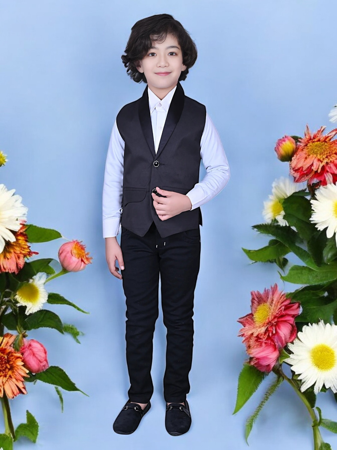 Qtsy Boys V-Neck Corduroy Weave Waistcoat With Shirt