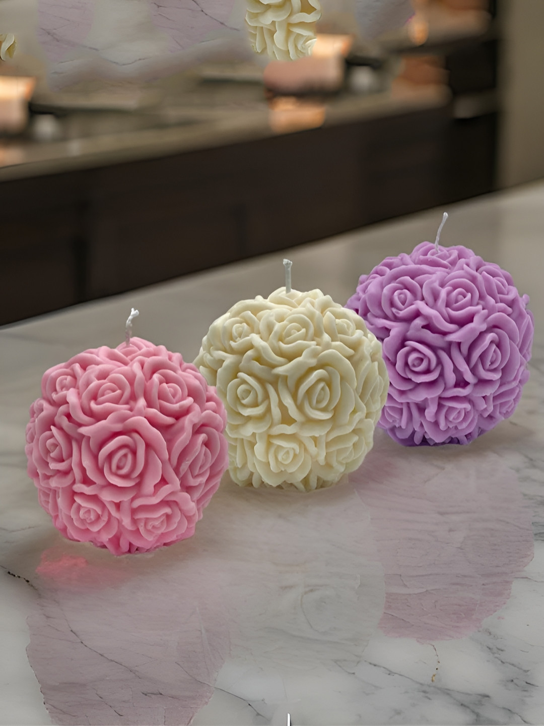atorakushon Rose Ball 3Pcs Scented 1 Wick Scented Solid Round Regular Tea Light Candles