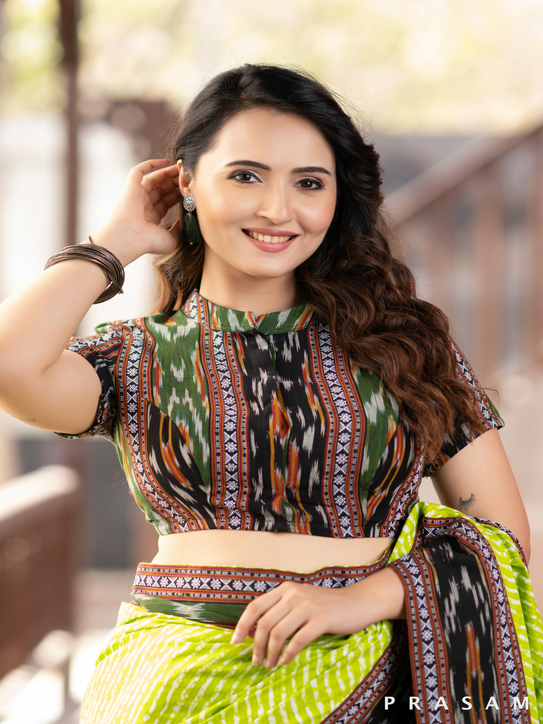 Prasam Printed Cotton Dobby Ikat Short Sleeve With Mandarin Collar Saree Blouse