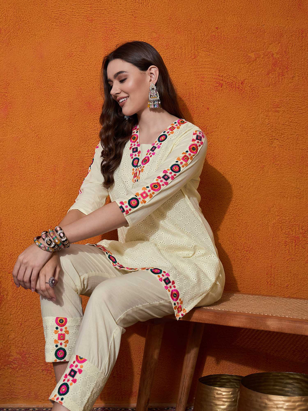 Sangria Abstract Embroidered Cotton Top With Trouser