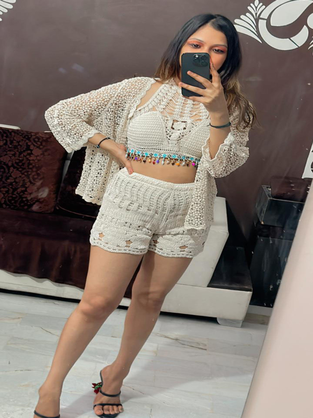 MADE FOR HER LABEL Crochet Cropped-Top With Shorts & Shrug Co-Ords