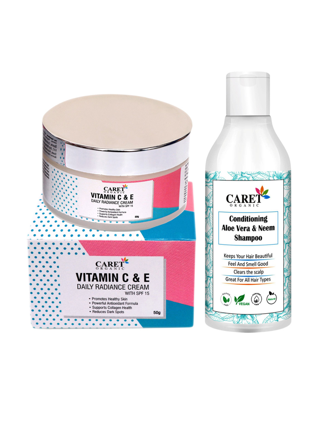 CARET ORGANIC Set Of 2 Vitamin E Cream - 50 g & Conditioning Aloevera Shampoo 200 g