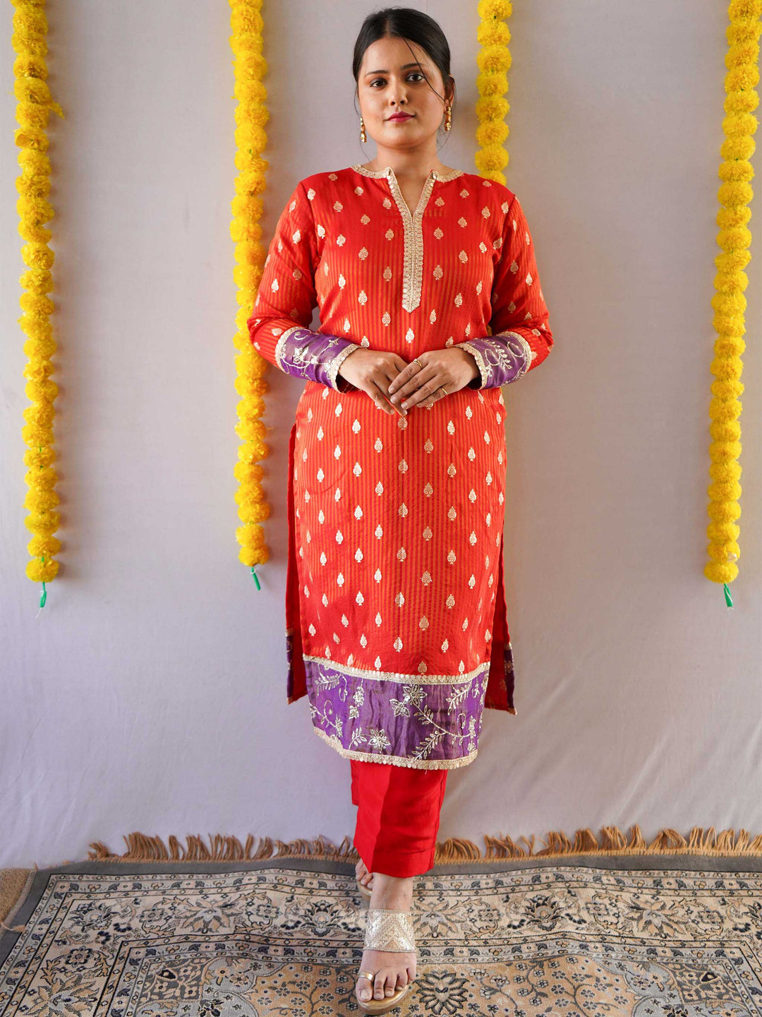 Anvi Styles for Stories Ethnic Motifs Woven Design Notch Neck Straight Kurta