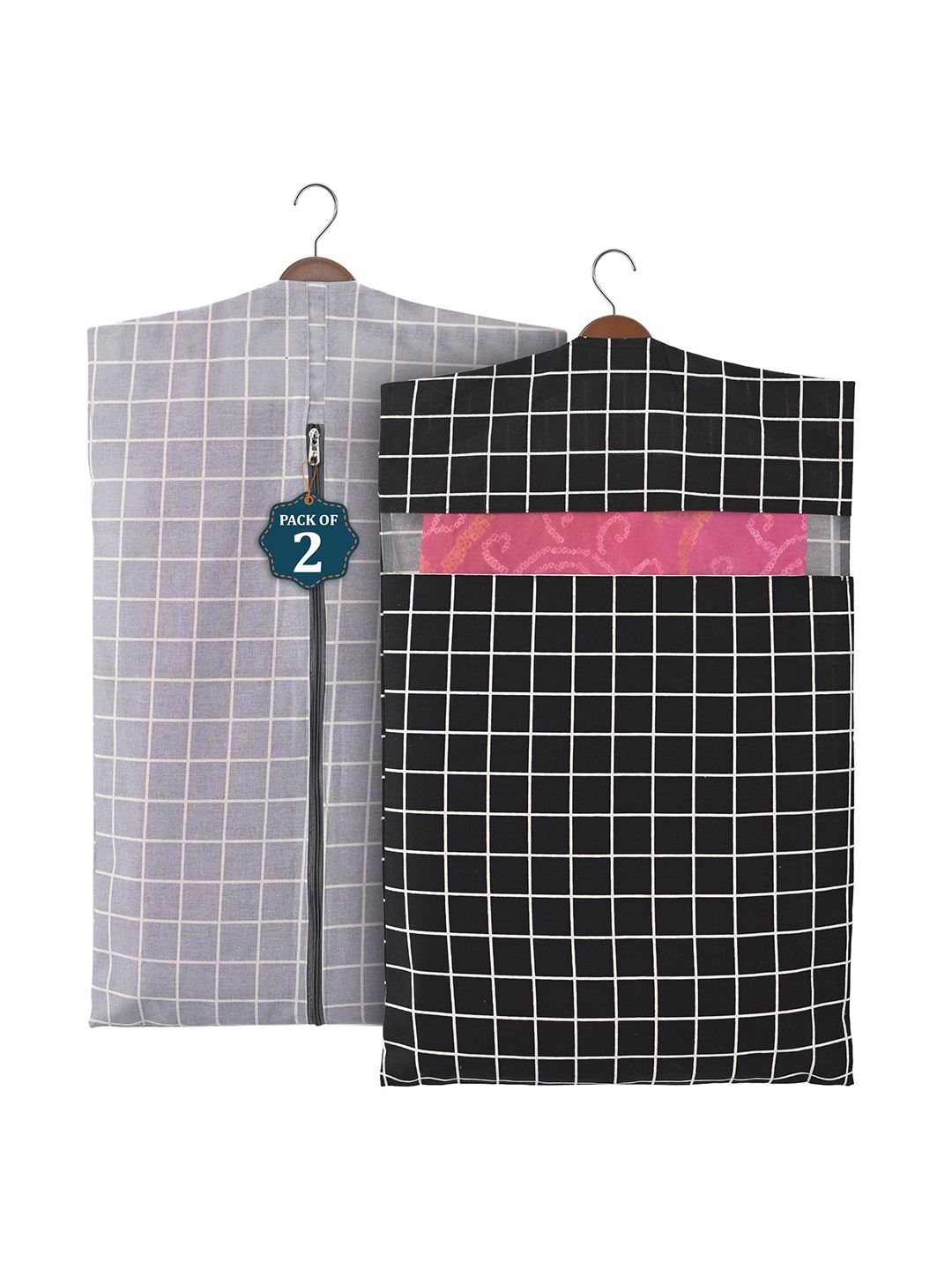 Kuber Industries Grey Set of 2 Checked Mesh Cotton Multi-Utility Hanging Organisers