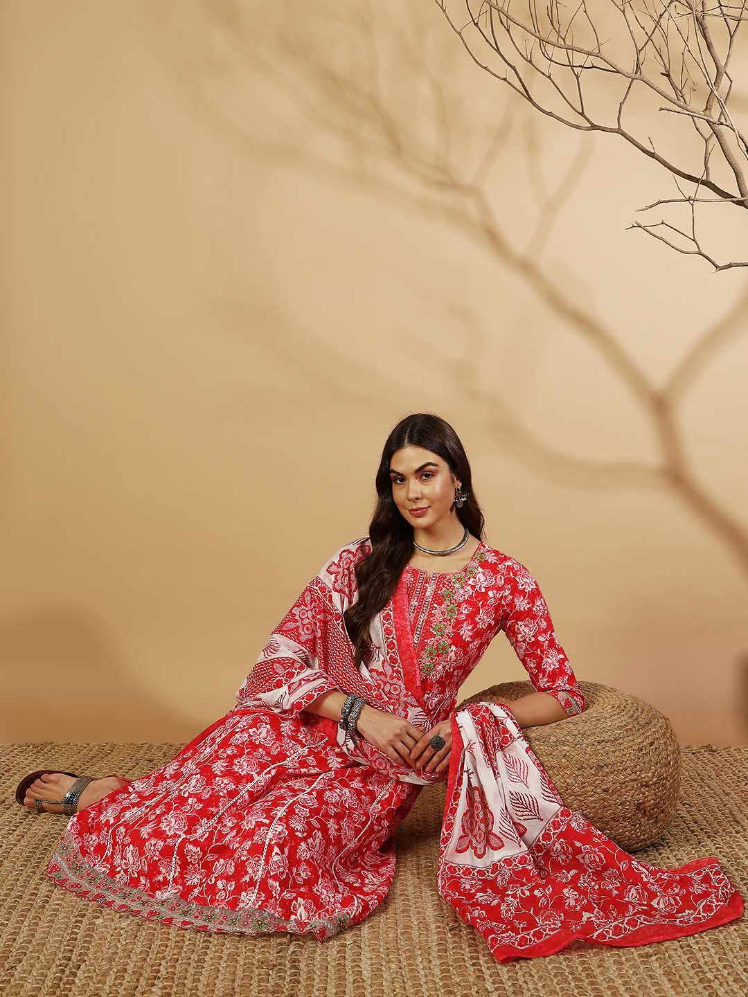 V.S.Creation Floral Printed Panelled Thread Work Pure Cotton Kurta With Trousers & Dupatta