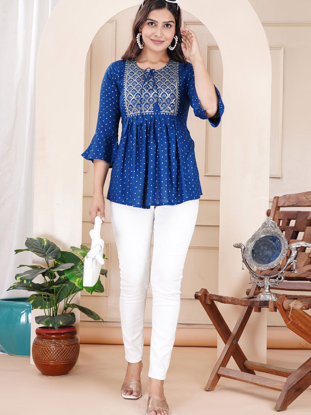 L.H HANDICRAFTS Women Floral Embroidered Tie-Up Neck Bell Sleeves Peplum Top