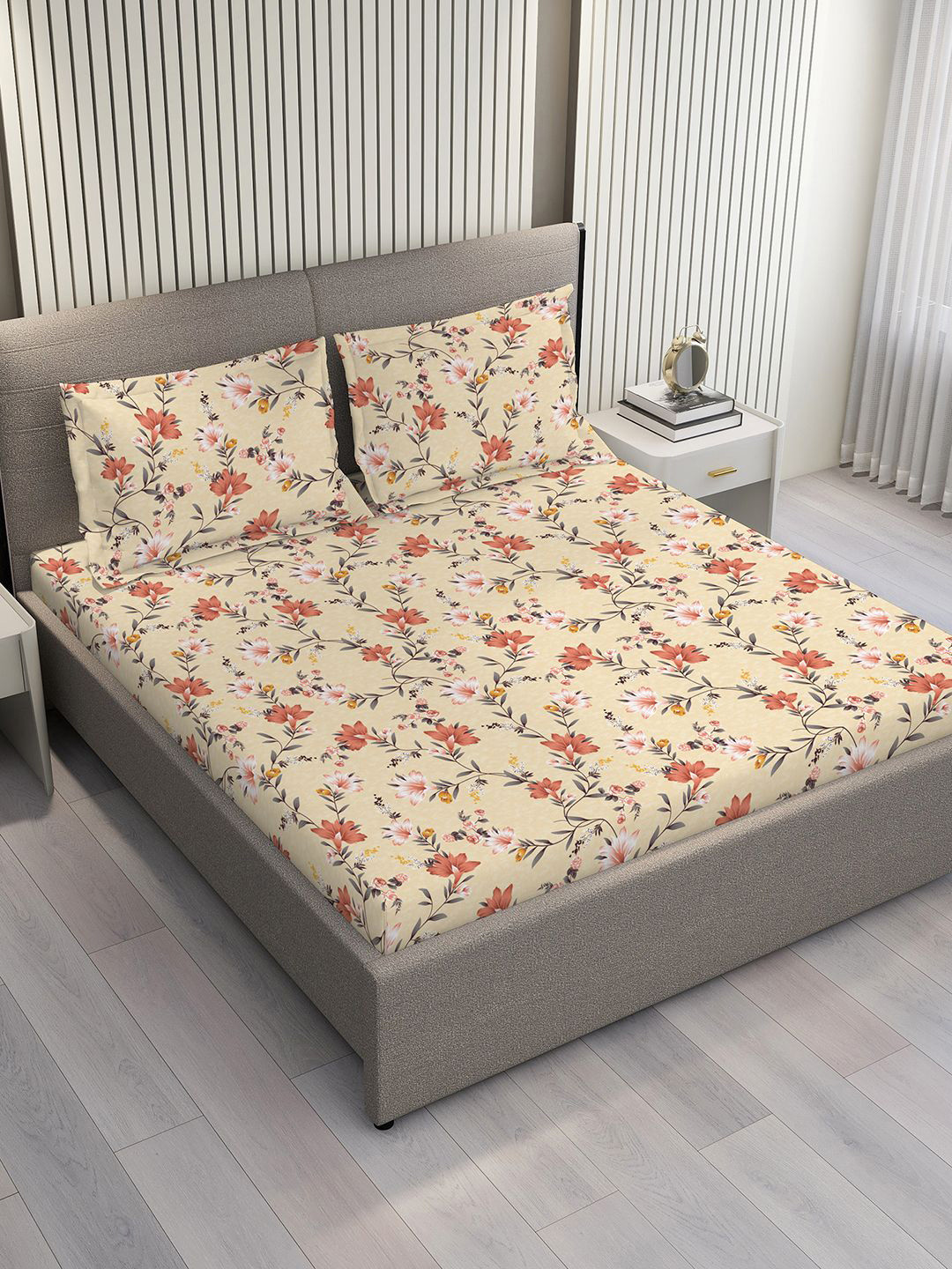 Layers Bloom Beige & Brown Floral Microfiber 110 GSM Queen Bedsheet Set-2.54 m x 2.24 m
