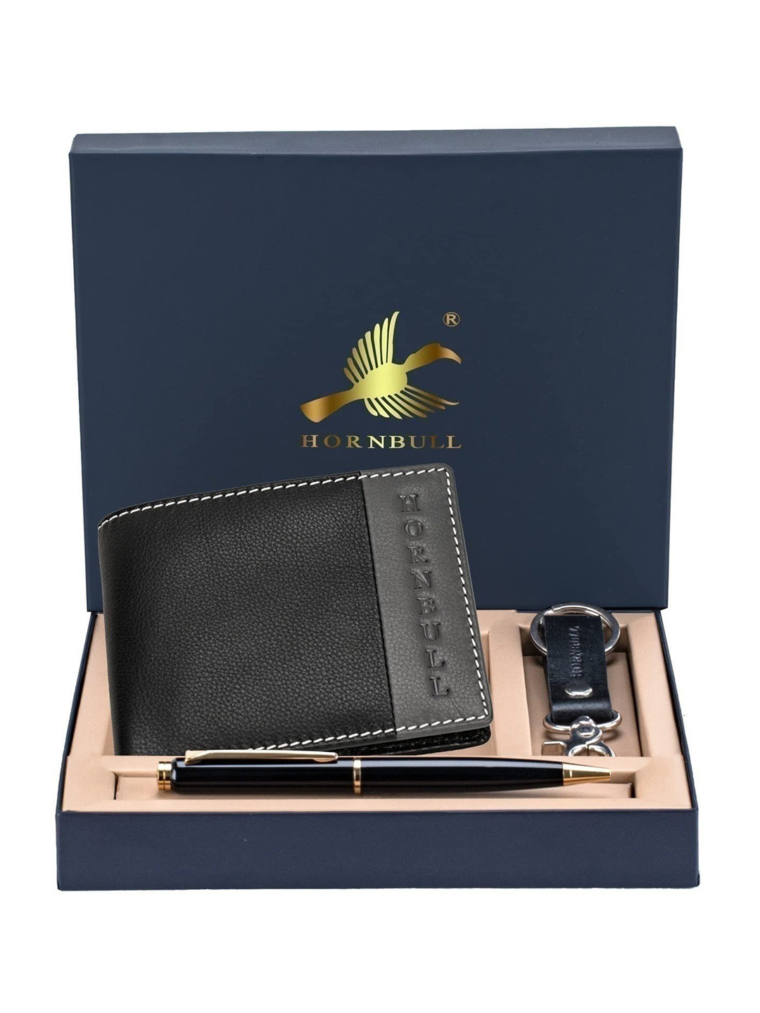 Hornbull Men Taylor Black-Grey Leather Wallet, Keyring & Pen Combo Accessory Gift Set