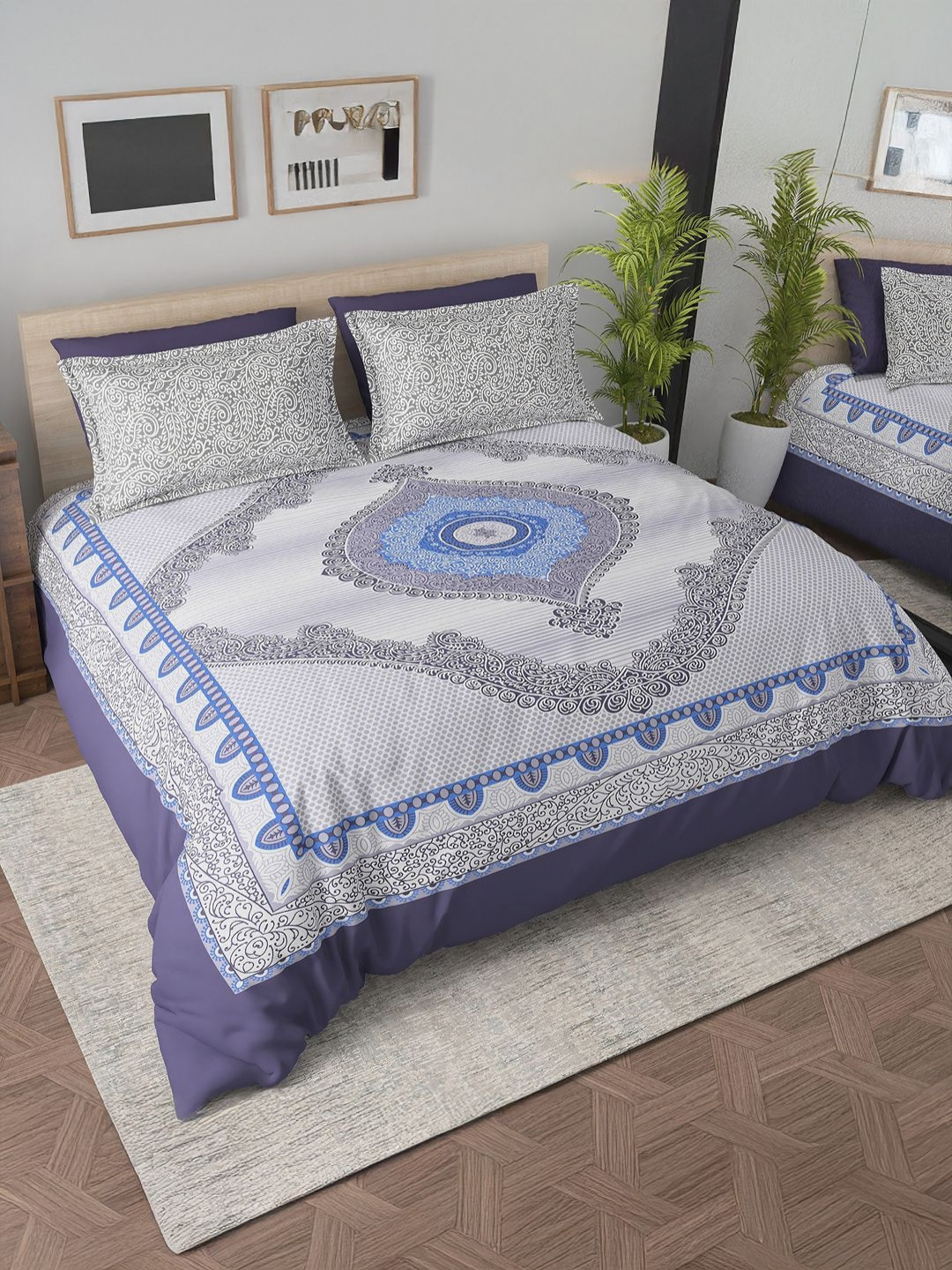 Cortina Ethnic Blue Ethnic Motifs Microfiber 140 TC Queen Bedsheet with 2 Pillow Covers-228 x 249 cm