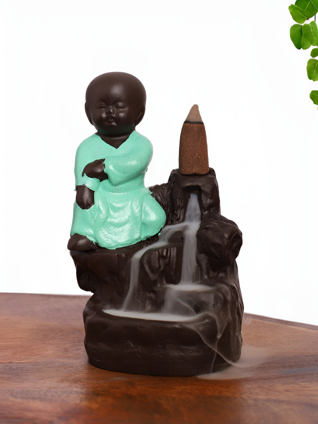 INTERNATIONAL GIFT Kung-Fu Style Monk Buddha Green Polyresin Matte Living Room Fountain Small Showpiece - 5 Inches