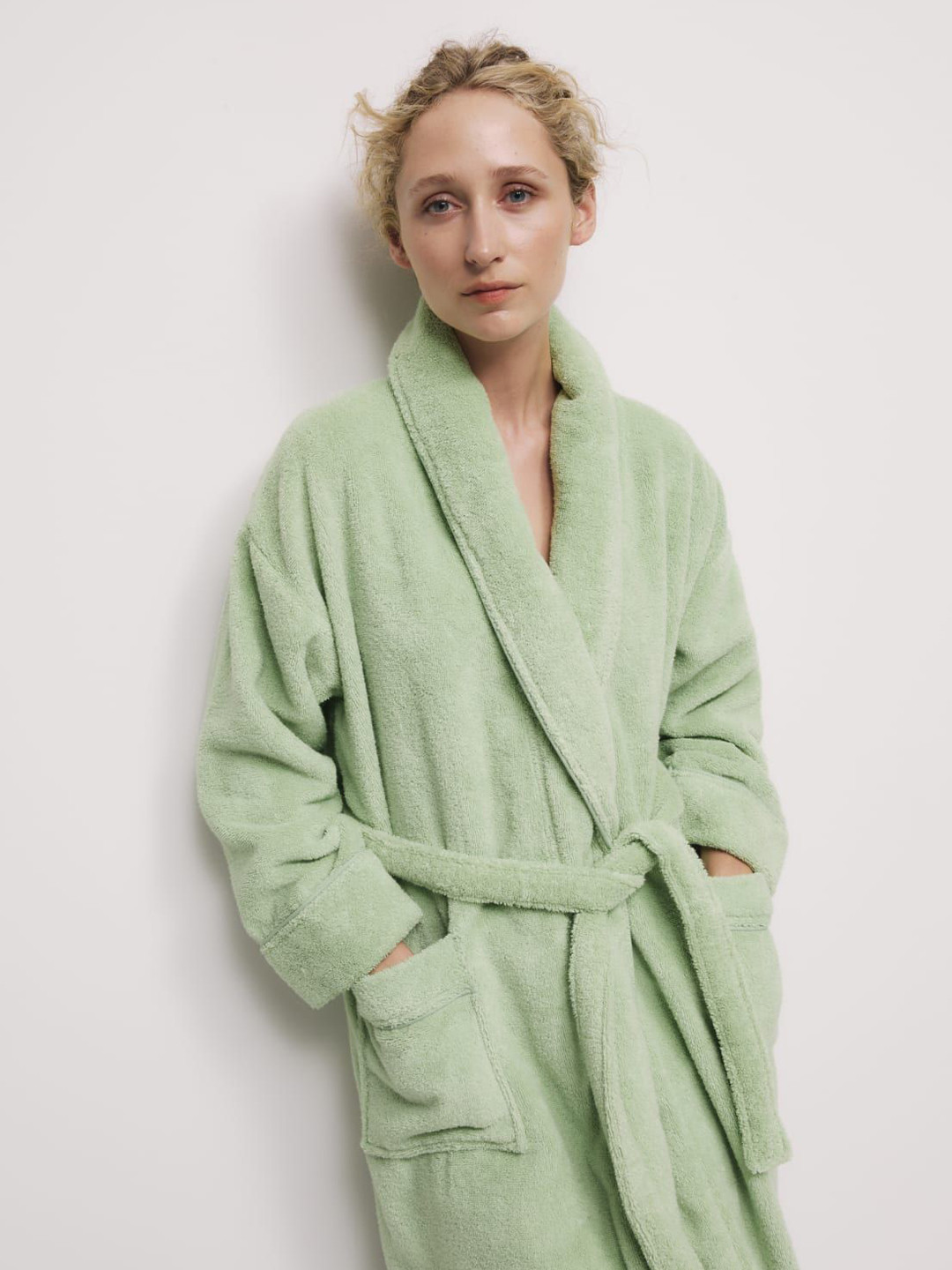 Marks & Spencer Towelling Dressing Green Solid Cotton Drawstring Midi Bath Robe