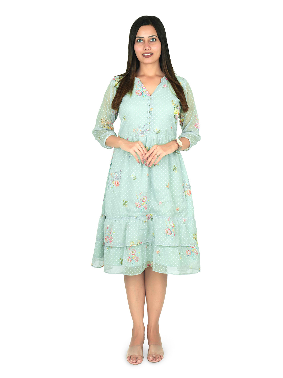 Fabmoha Floral Chiffon Formal Fit & Flare Midi Dress