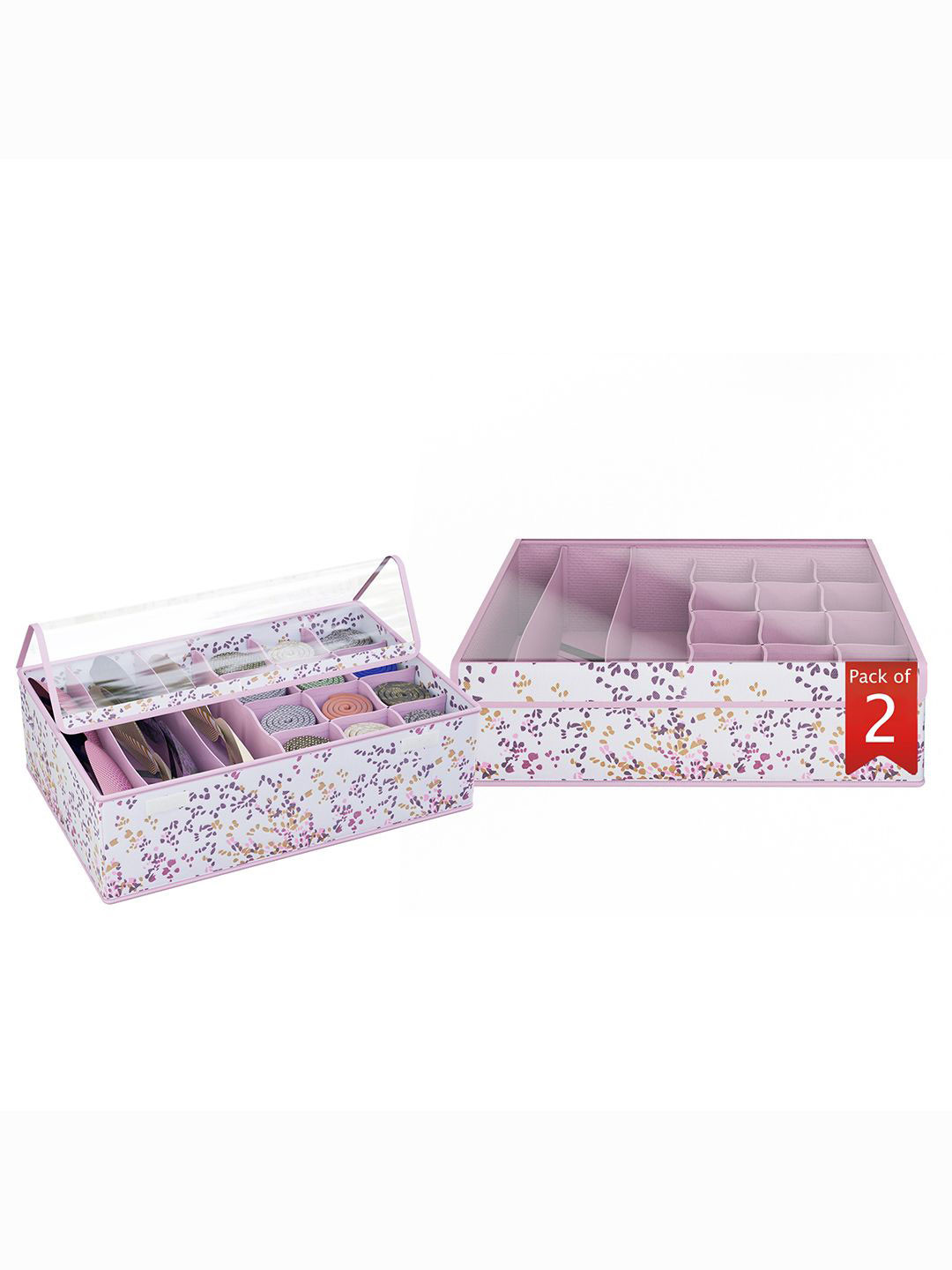 Kuber Industries Pink & White 2Pcs Striped Reusable Drawer Organisers With Transparent Lid