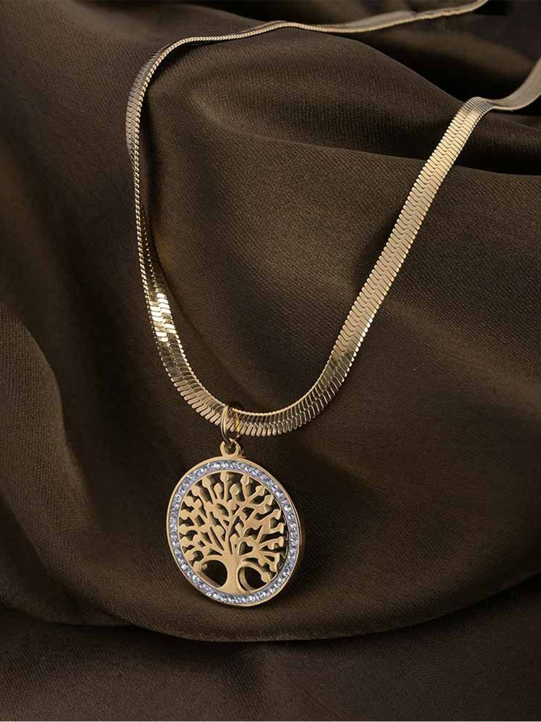 PALMONAS 18KT Gold-Plated Stones-Studded Tree of Life Pendant With Chain