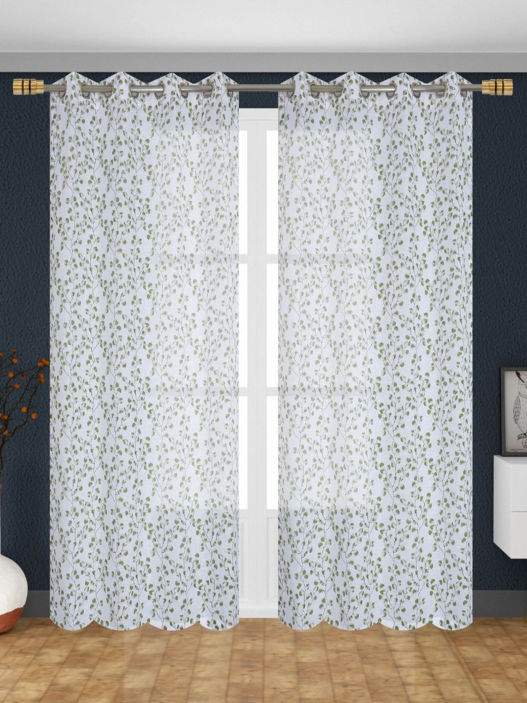 Florida White & Olive Green 2 Pieces Floral Printed Sheer Long Door Curtain