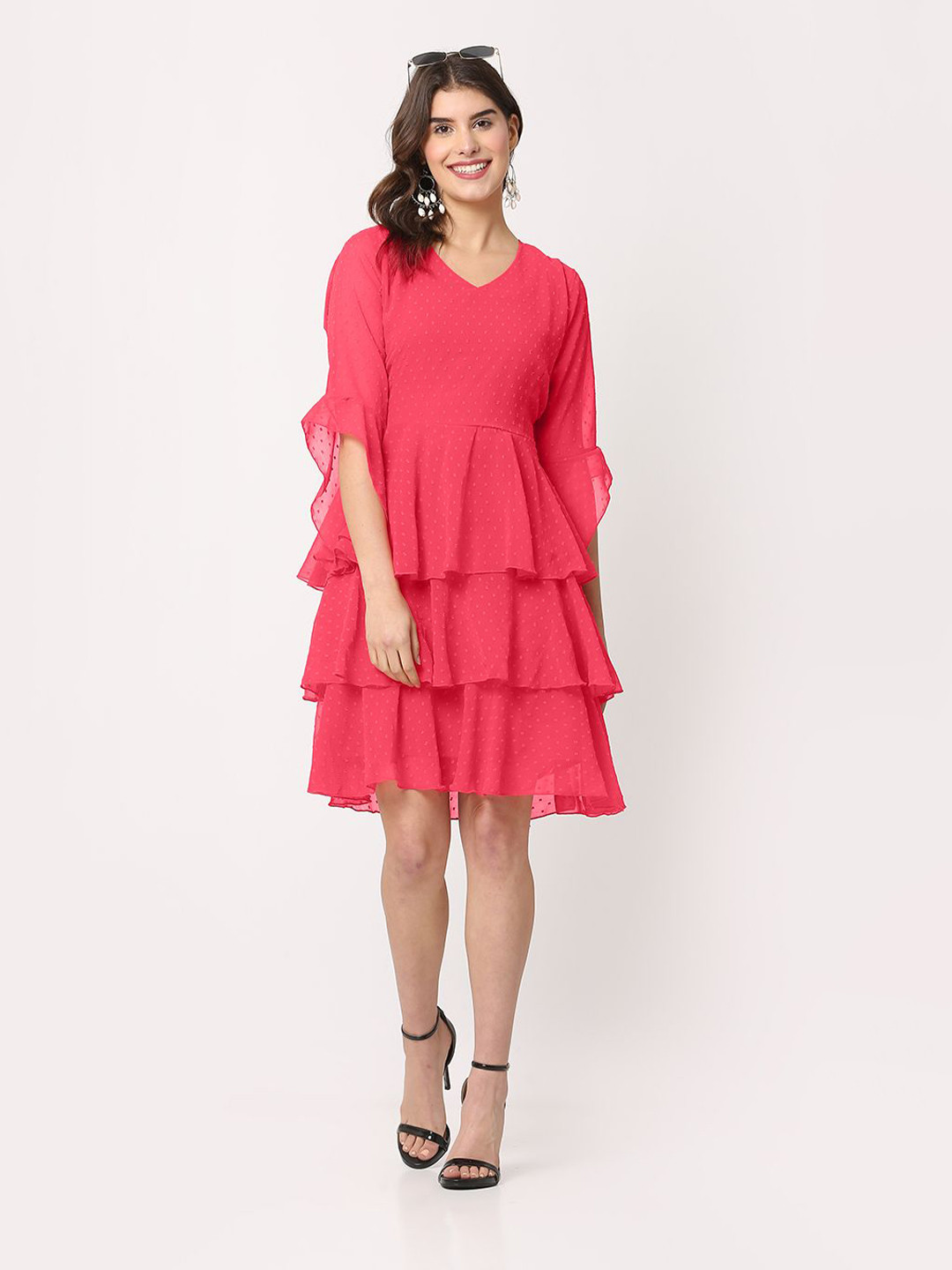 FLOREOS Women Flared Sleeve Ruffled Georgette Fit & Flare Dress