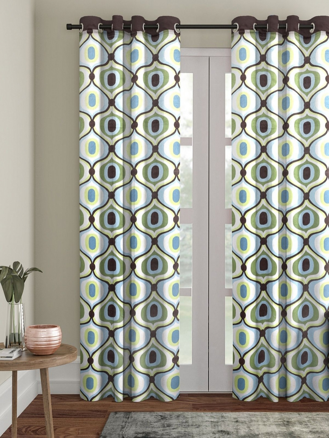 Myntra Elegant Homes White & Green Set of 2 Geometric Room Darkening Door Curtain