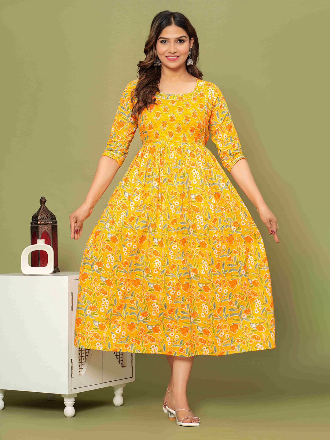 UrbanRang Cotton Floral Printed Fit and Flare Maternity Midi Dress
