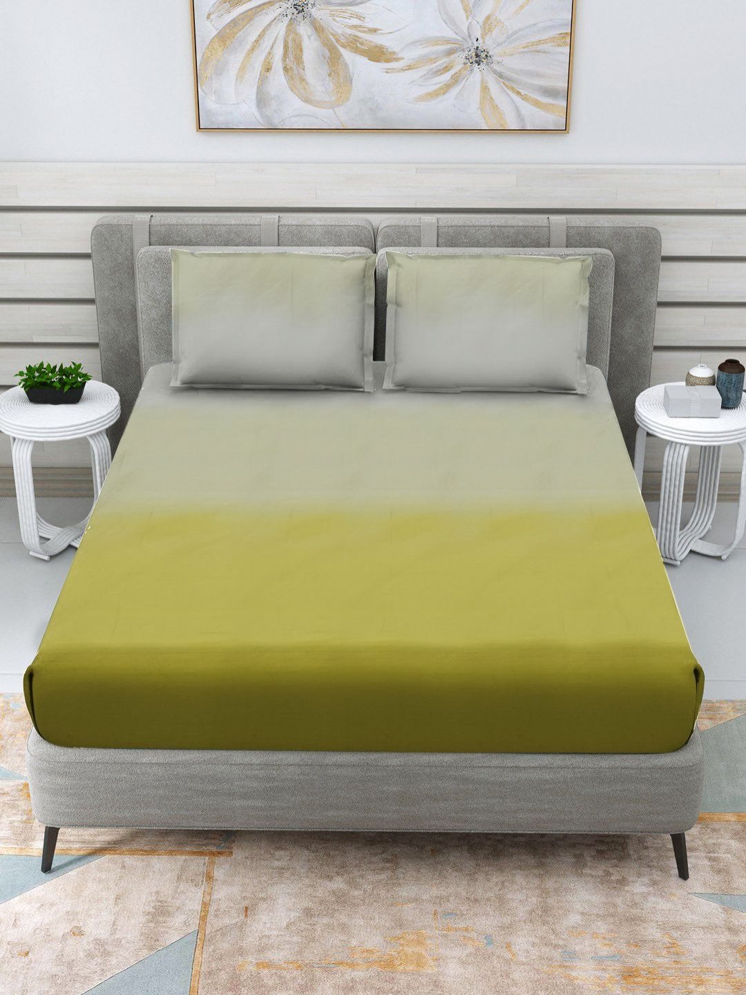 RRC RR Creations Olive Cotton 250 TC King Fine Bedsheet with 2 Pillow Covers-108 x 108 inches