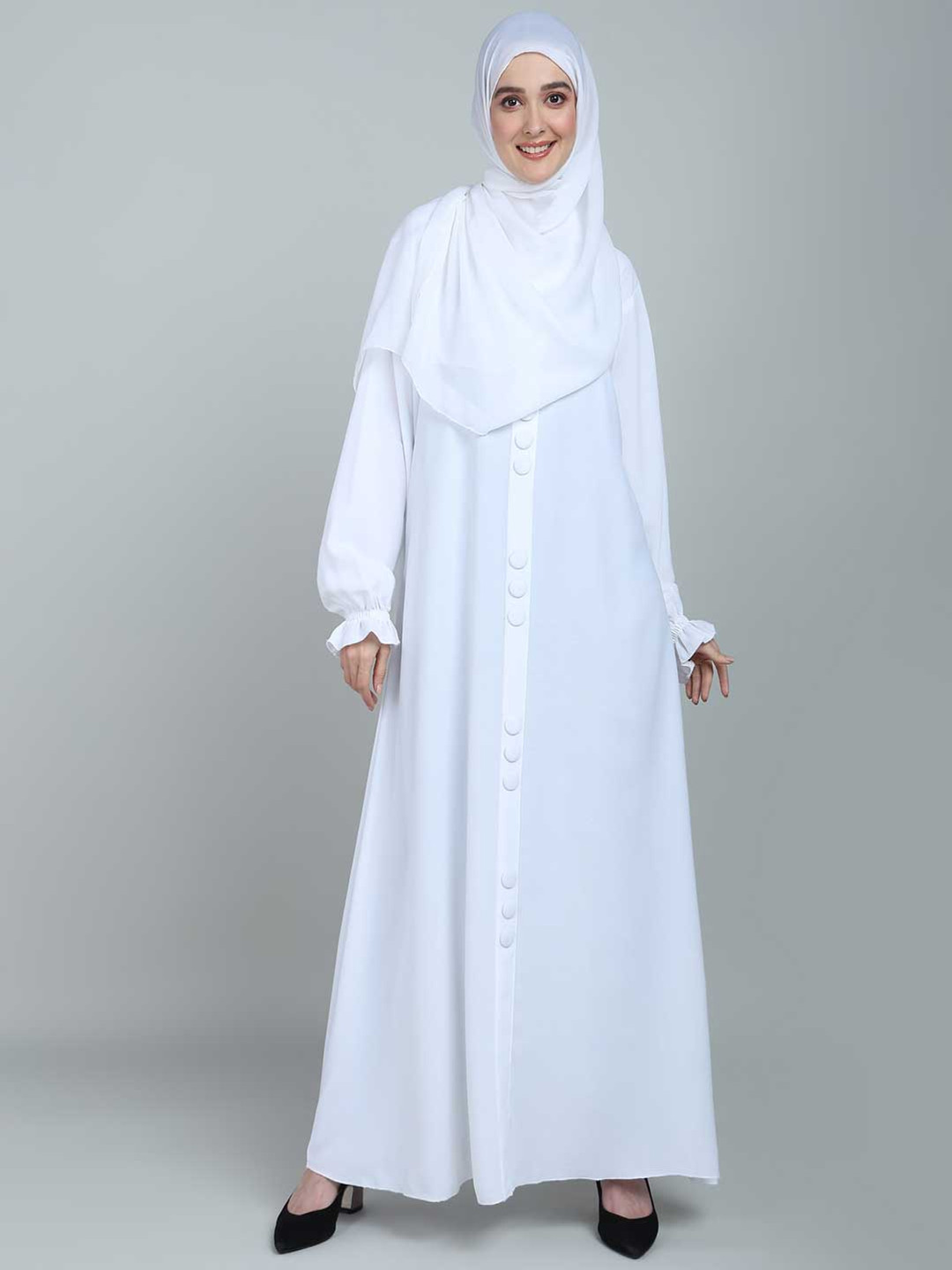 BROKE BRAND Round Neck Front-Closed With Button Detailing & Puff Sleeves Abaya