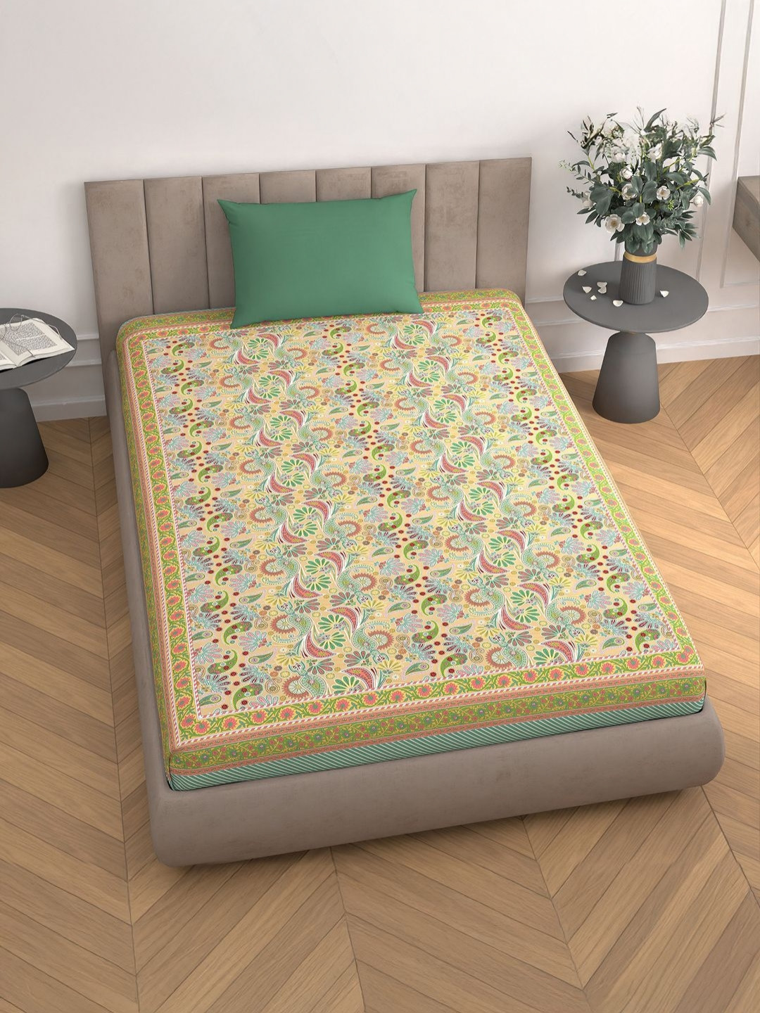 Aura Sea Green Floral Microfiber 110 TC Single Coarse Bedsheet with a Pillow Cover-90 x 60 inches