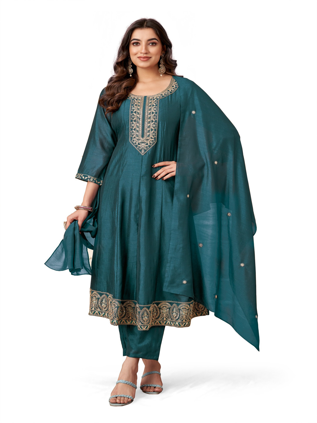 FABZOO Women Floral Embroidered Regular Sequinned Kurta with Trousers & With Dupatta