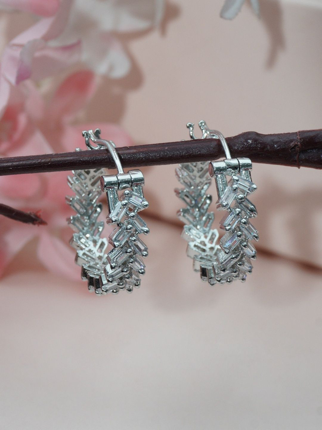 Niscka Rhodium-Plated American Diamond Stones Contemporary Hoop Earrings