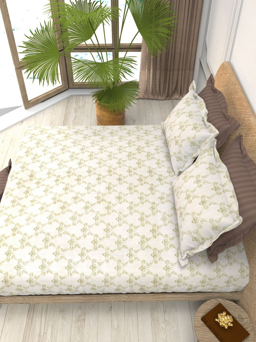 THE WHITE MOSS Christe Beige Printed 220 TC Cotton King Bedsheet Set-2.75 m x 2.50 m