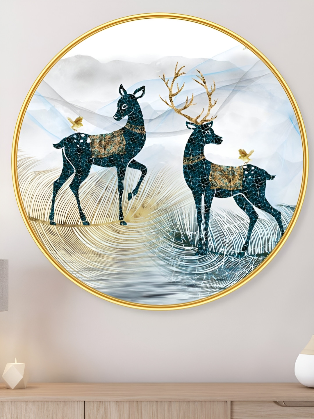 SAF Premium Blue And White Golden Frame Couple Deer Printed Wall Art