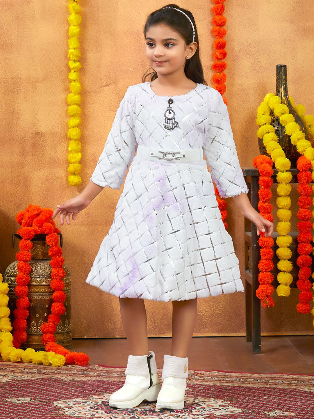 Sangria Girls Foil Print Winter Woolen Dress With Belt